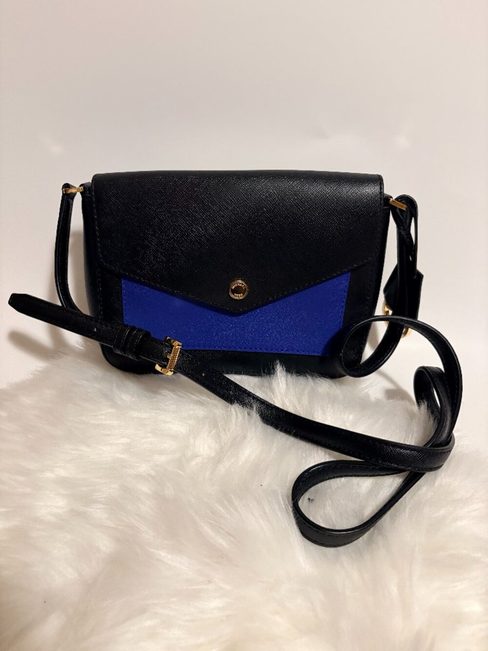 Michael Kors Black & Blue Colorblock Saffiano Leather Flap Crossbody Bag
